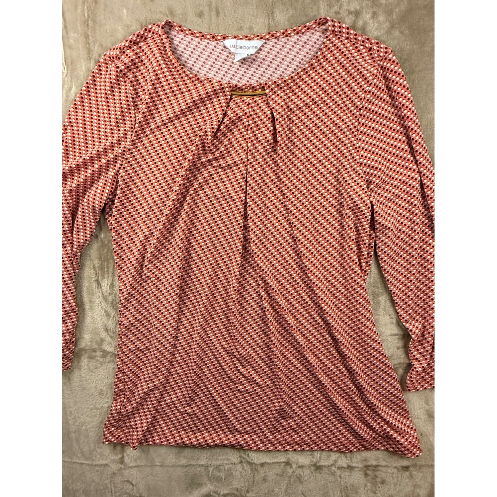 Liz Claiborne Womens Red Polka Dot Pleated Blouse Gold Hardware Accent Size M